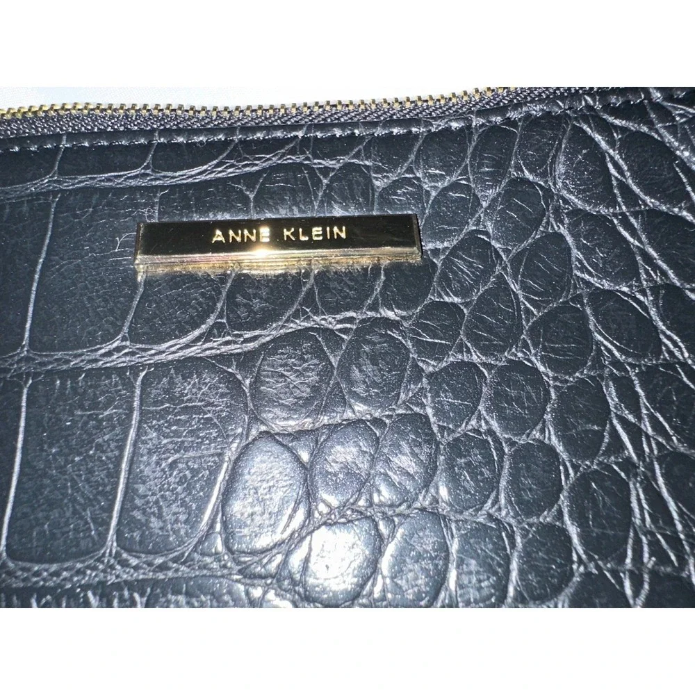Anne Klein Black‎ Croc Embossed Wristlet Pouch Gold Tone Chain Strap Clutch